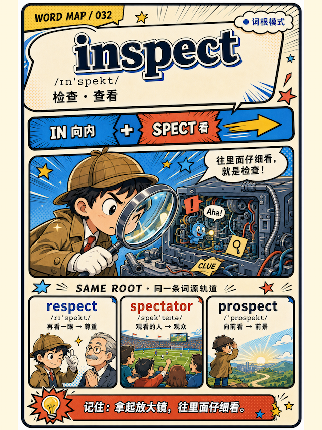 词根记忆卡 inspect 漫画示例