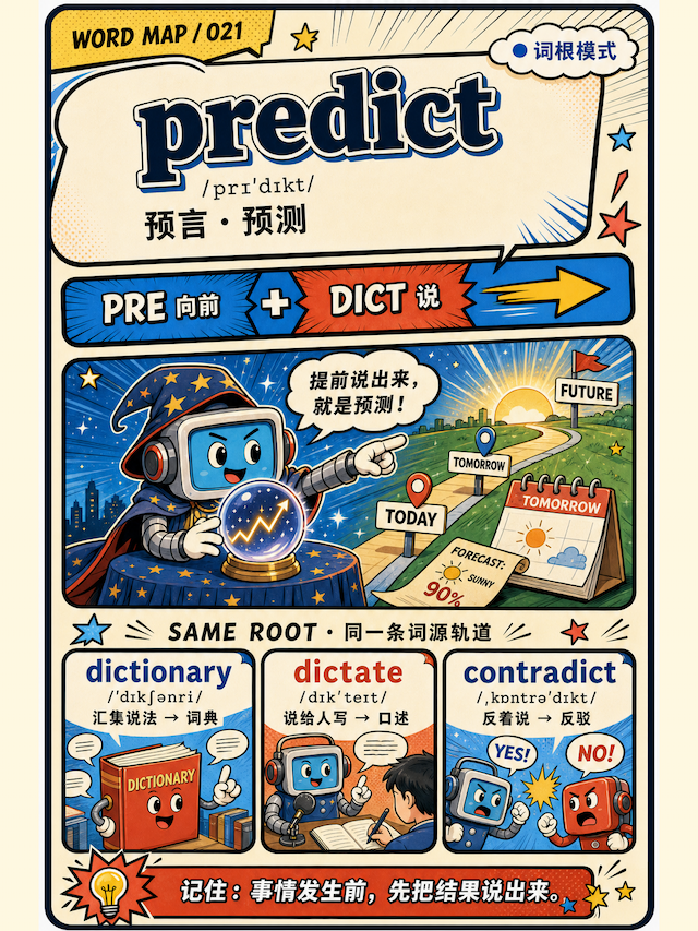 词根记忆卡 predict 漫画示例