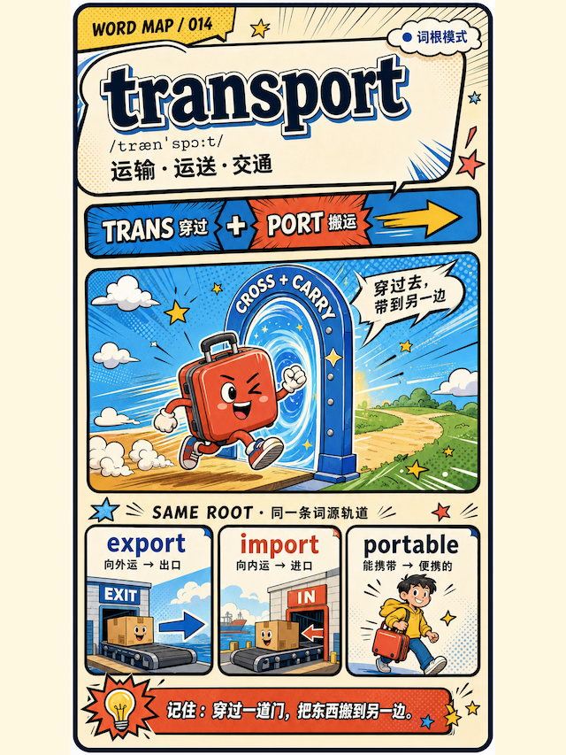 词根记忆卡 transport 漫画示例